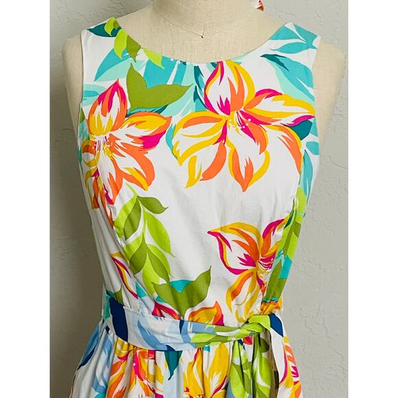 Tahari Tropical Floral Tiered Tie Back Midi Dress - Picture 4 of 10